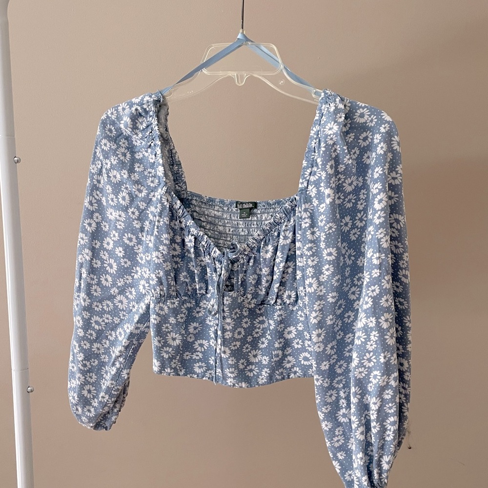Wild Fable Puff Sleeve Floral Blue Crop Top, Size Medium